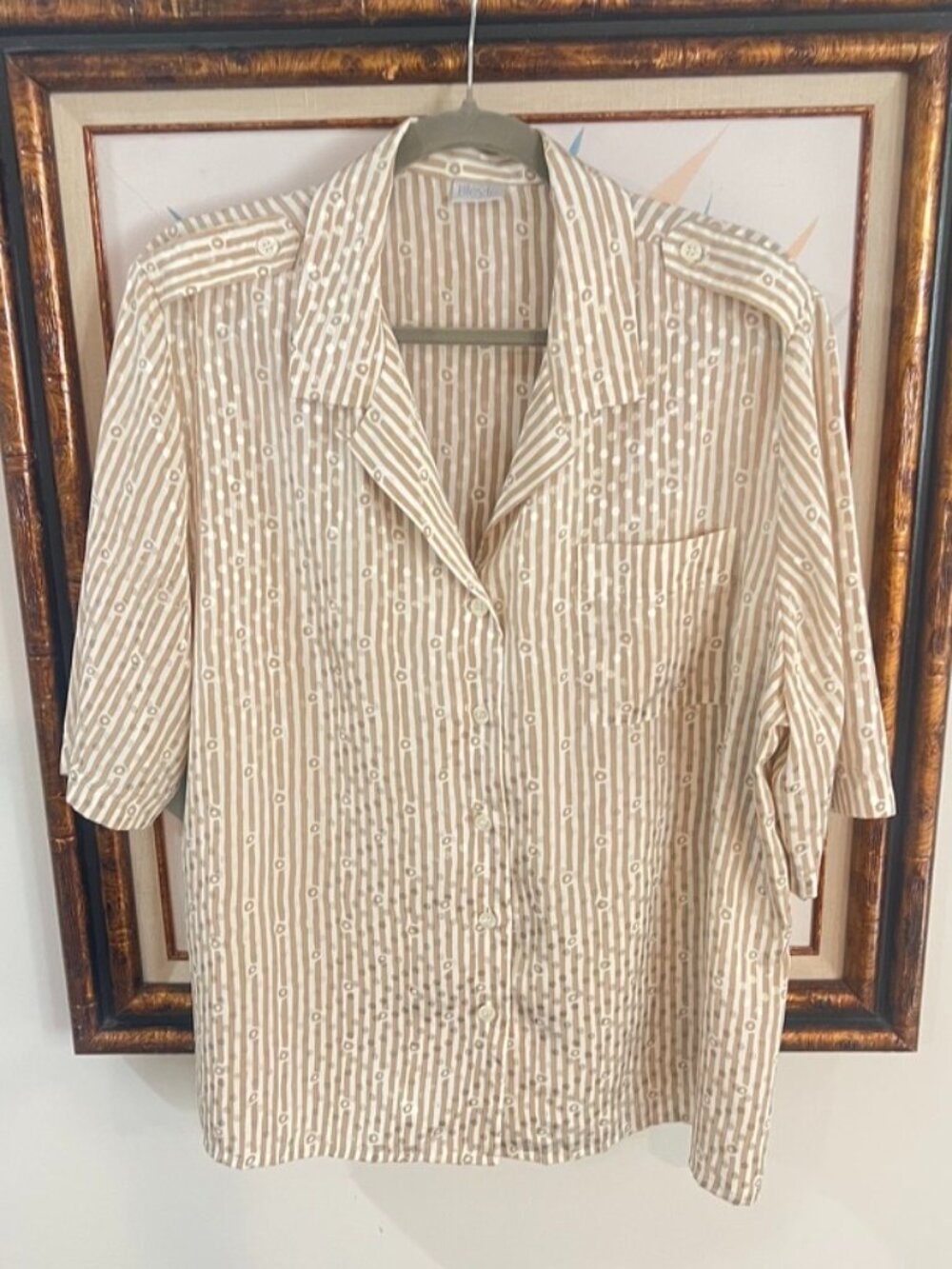 Vintage 80s Bleyle Blouse German Beige Stripe Polka Dot Silky Button Up M